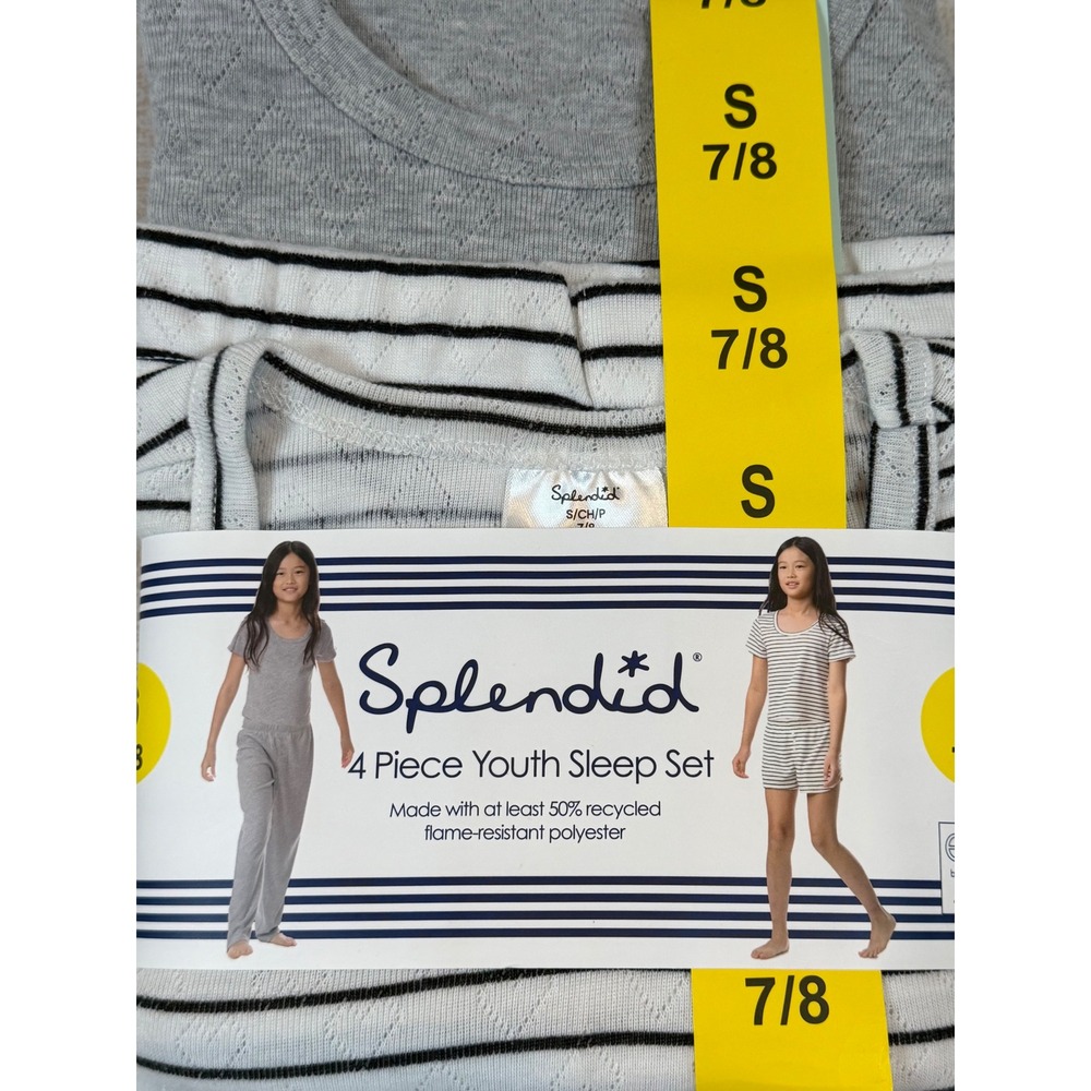 NWT Splendid Youth 4 Piece Sleep Set Pajamas Gray Pointelle Black Striped S 7/8 - Picture 3 of 5